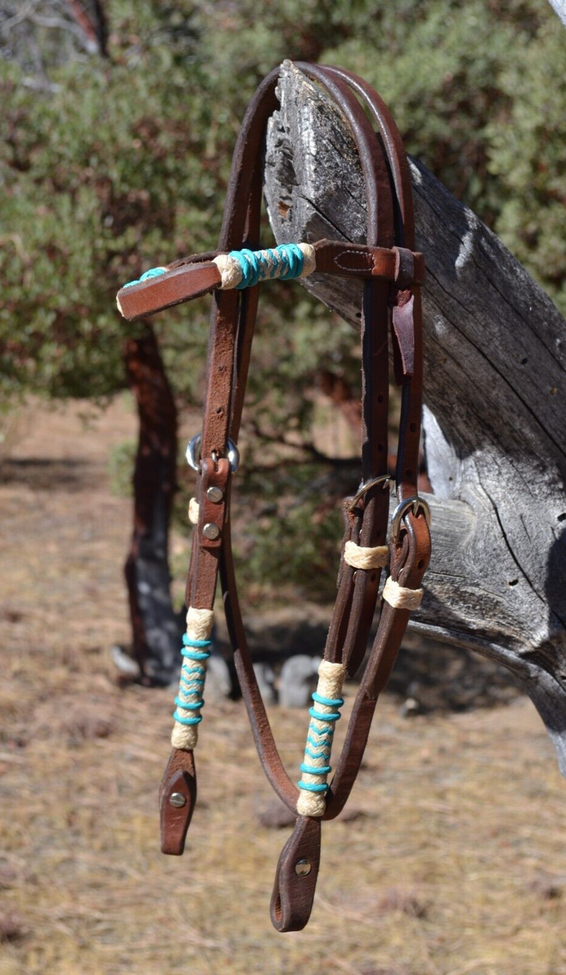 Jose Ortiz Heavy Oil Harness Browband Headstall Fancy Natural/Turquoise Rawhide