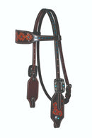 Straight browband headstall with Forget-Me-Not with two-tone chocolate colored leather and natural tooling. Stainless steel hardware.  Horse size.