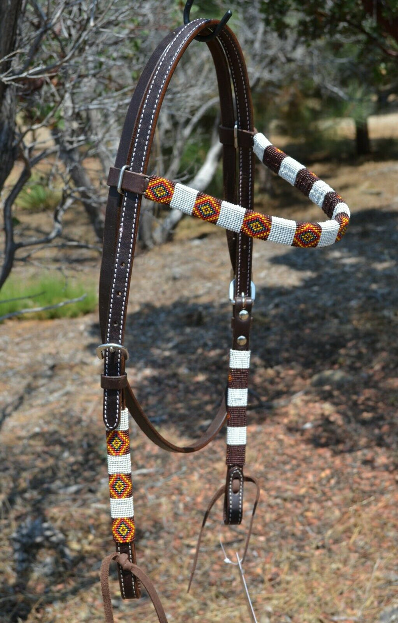 Circle Y of Yoakum - Unique Infinity Wrap Browband Headstall with brown, red, yellow and white. Dark oil leather and replaceable buckles.  Ties at bit ends.